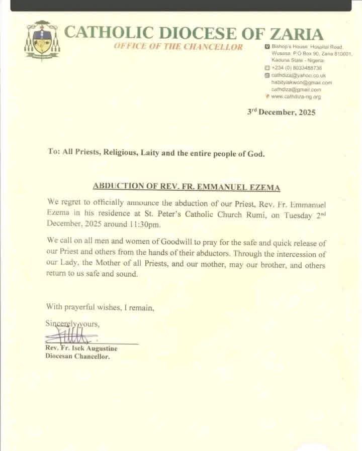 ANOTHER CATHOLIC PRIEST ABDUCTED💔😰

Rev. Fr. Emmanuel Ezema of the Catholic Diocese of Zaria, Nigeria was abducted yesterday night in the parish rectory of St. Peter's Catholic Church Rumi.