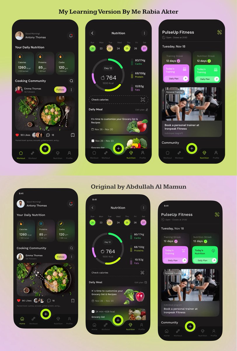 rabia191722's tweet photo. Day 27/120 of my Copy Design Challenge!

Recreated a clean nutrition &amp; fitness UI to sharpen my layout, spacing, and dark-mode skills.

Credit to the original designer Abdullah Al Mamun 

#CopyDesign #UIDesign #Figma #DailyUI #UXDesign #DesignChallenge #UIRecreation #BuildInPubli https://t.co/TW9cgevQu1