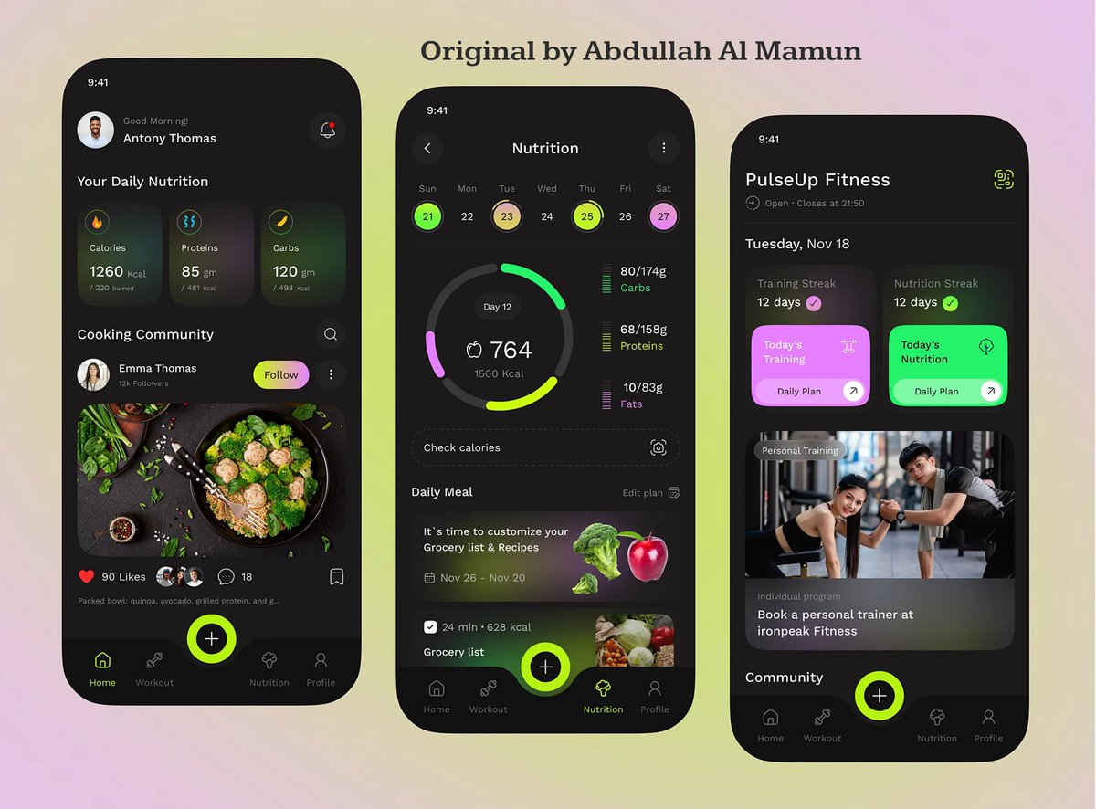 rabia191722's tweet photo. Day 27/120 of my Copy Design Challenge!

Recreated a clean nutrition &amp; fitness UI to sharpen my layout, spacing, and dark-mode skills.

Credit to the original designer Abdullah Al Mamun 

#CopyDesign #UIDesign #Figma #DailyUI #UXDesign #DesignChallenge #UIRecreation #BuildInPubli https://t.co/TW9cgevQu1