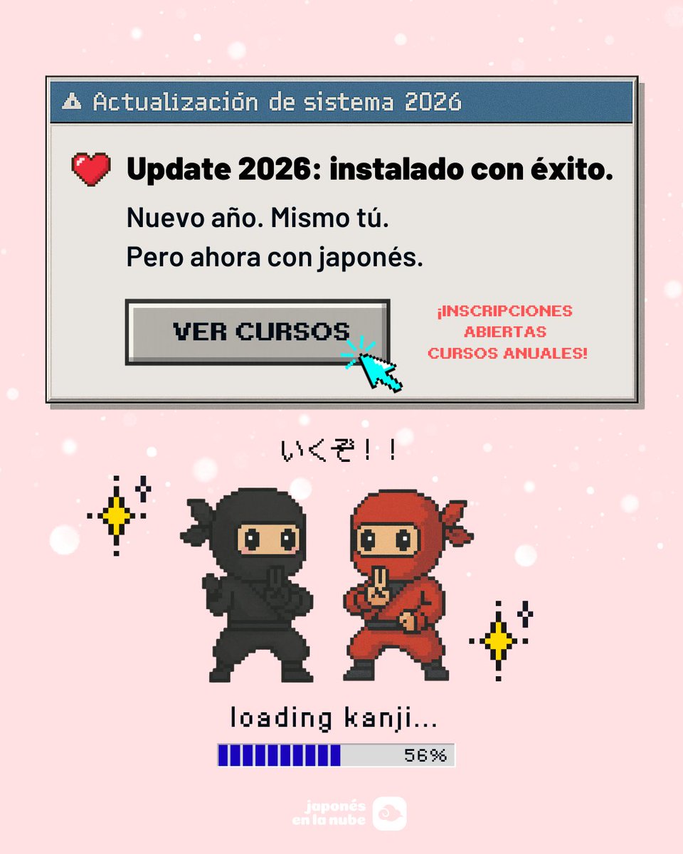 🎌 ¡Abiertas las inscripciones a nuestros cursos anuales de japonés!

📅 Inicio: febrero 26

👉 Niveles disponibles: de A1.1 a B1.2

Y hasta el 20/12, puedes aprovechar descuentos especiales por apuntarte pronto.

Elige tu nivel y reserva tu plaza: japonesenlanube.com/cursos/cursos-…
