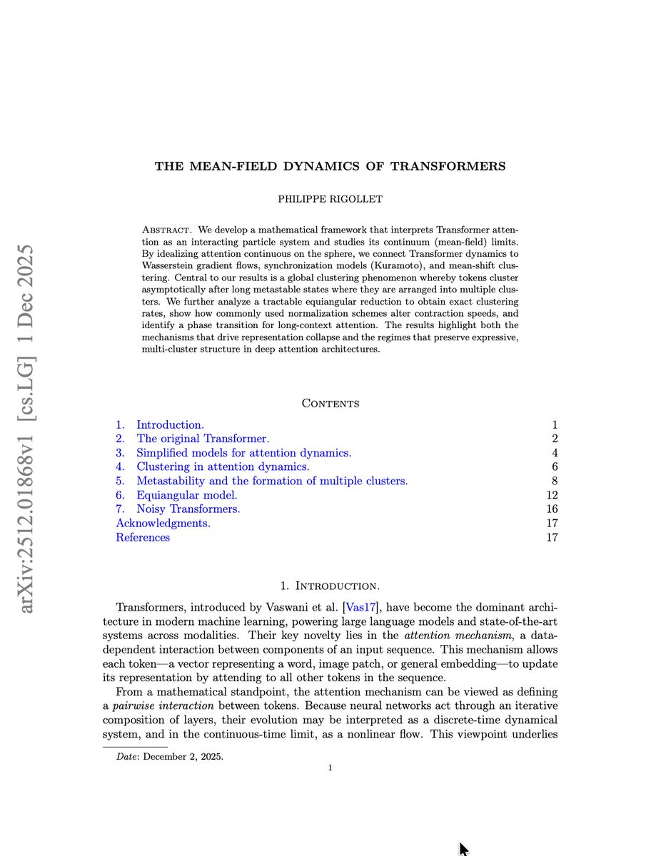 Montreal_AI's tweet image. The Mean-Field Dynamics of Transformers

Rigollet et al.: arxiv.org/abs/2512.01868

#ArtificialIntelligence #DeepLearning #MachineLearning