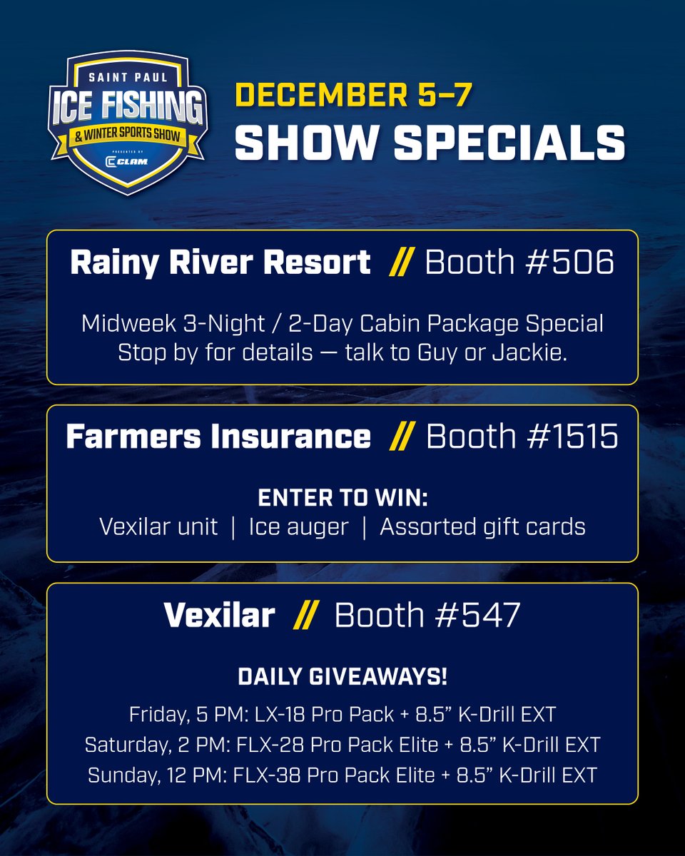 StPaulIceShow's tweet photo. Did you ask for #IceFishingShow specials? Great! Here's a few from our friends at Rainy River Resort, Farmers Insurance and Vexilar. 

If you are exhibiting and have a show special, be sure to tag us so we can share! https://t.co/zSzWYQSC31
