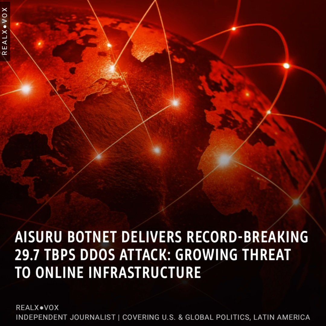 Realxvox's tweet image. ⚠️🌐 The Aisuru botnet — an IoT-based botnet-as-a-service — has been identified as the source of a record-breaking distributed denial-of-service (DDoS) attack peaking at 29.7 terabits per second (Tbps), the highest ever recorded to date.  

The botnet reportedly controls between…
