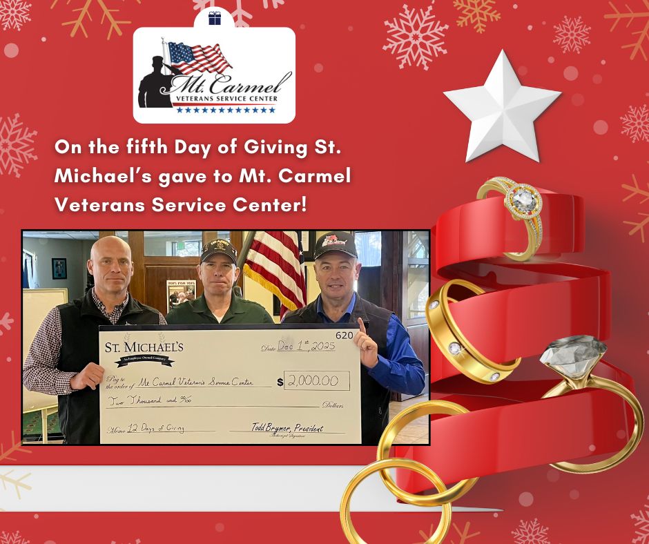 stmichaelsinc's tweet photo. On the 5th Day of Giving, we are honored to donate $2,000 to the Mt. Carmel Veterans Service Center.
Mt. Carmel offers transition and employment assistance, behavioral health and wellness programs, connections to community resources, safe, welcoming spaces for military families. https://t.co/e9inUMqDfJ