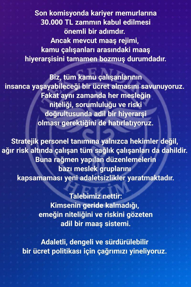 Sorumluluklarımıza denk,adil ödeme talebimiz nettir.
Haklarımız için,hekim için hekimle.. <a href="/TEKsendika/">Tıp,Etik ve Kardeşlik Sendikası ( TEK SENDİKA )</a>