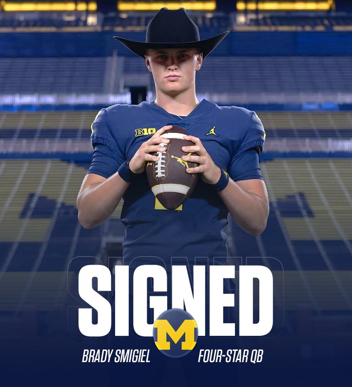 uofmcoverage's tweet image. OFFICIAL: 4⭐️ QB Brady Smigiel has signed with Michigan! 

- 6’5 210 pounds 
- Newbury Park, CA
- Additional offers from Ohio State, Notre Dame, Oregon, Georgia and 25+ others #GoBlue