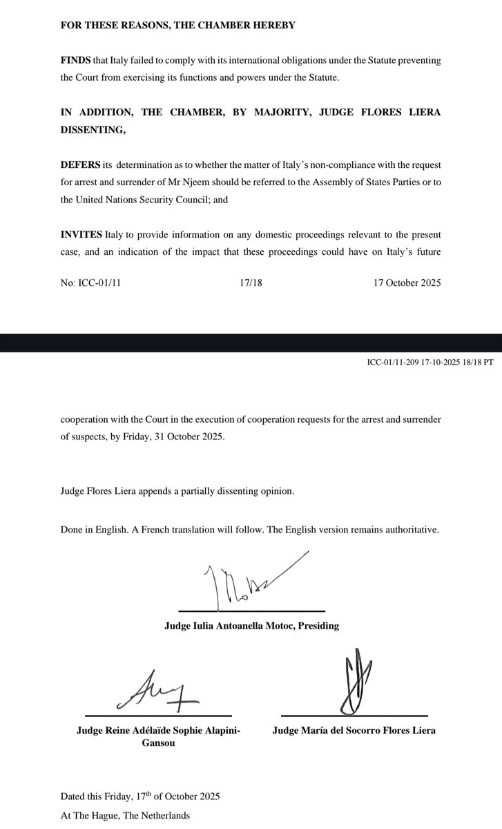 sevslv's tweet photo. Italy makes an intervention on consultations during the 6th #ASP24 plenary on non-cooperation.
This is very much a live issue, and yes, Italy has not (yet) been referred by the PTC to the ASP or UNSC for its failure to cooperate with the Court in arresting #ElMasry Njeem. #Libya https://t.co/D7hd5aQOOB