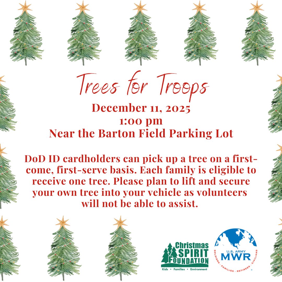 FtGordonMWR's tweet image. Christmas trees will be on the 11th at 1 pm near the Barton Field Parking Lot. Please read the graphic for important information. 

#GordonMWR #TreesforTroops #FreeChristmasTrees
