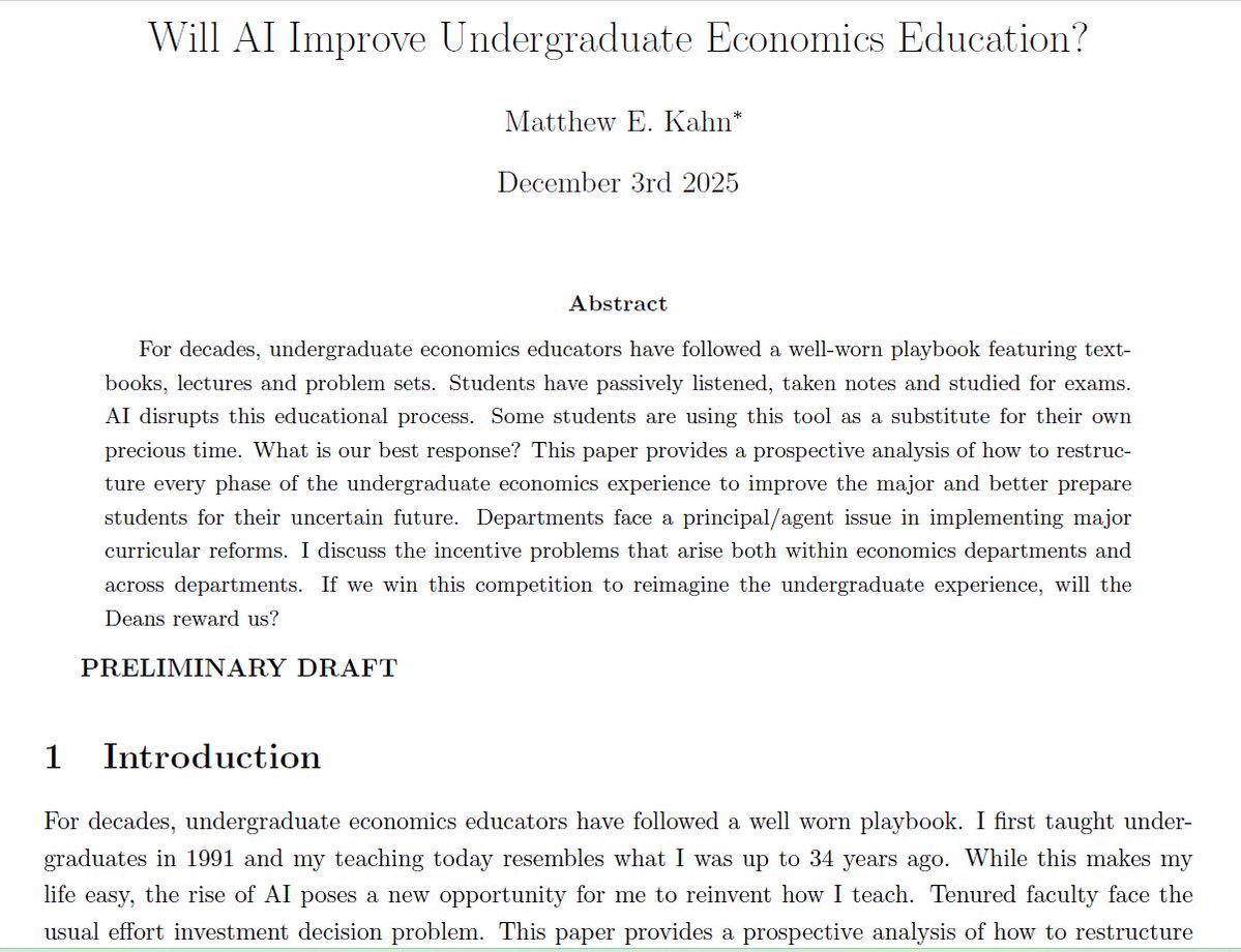 mattkahn1966's tweet image. How can Economics Departments maximize the gains from incorporating AI into our major?  Will we do so?
Here is my 16 page paper draft. It is written for economists, Deans, parents and students.  This is a work in progress and I&apos;d appreciate feedback.  
drive.google.com/file/d/1EFoNC4…
