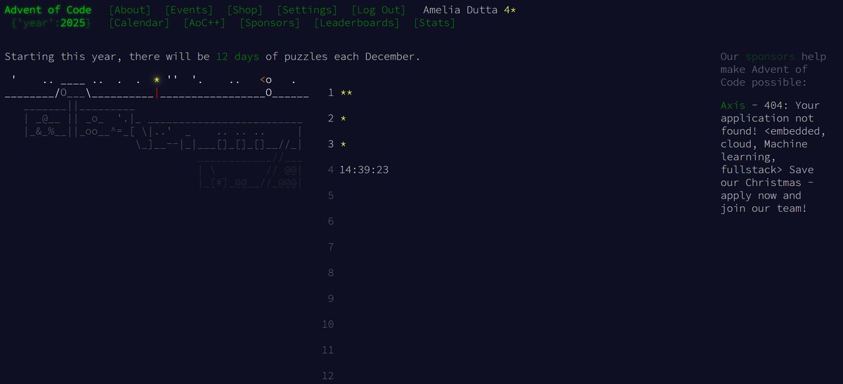 AmeliaDutta's tweet image. Kicked off this week with #AdventofCode for the first time! Thanks Linda for introducing me to it and Michael Duren for the leaderboard setup. While scoring isn’t my main goal, it motivates me to tackle the daily challenges. They&apos;re tough, but I&apos;m really enjoying the experience!
