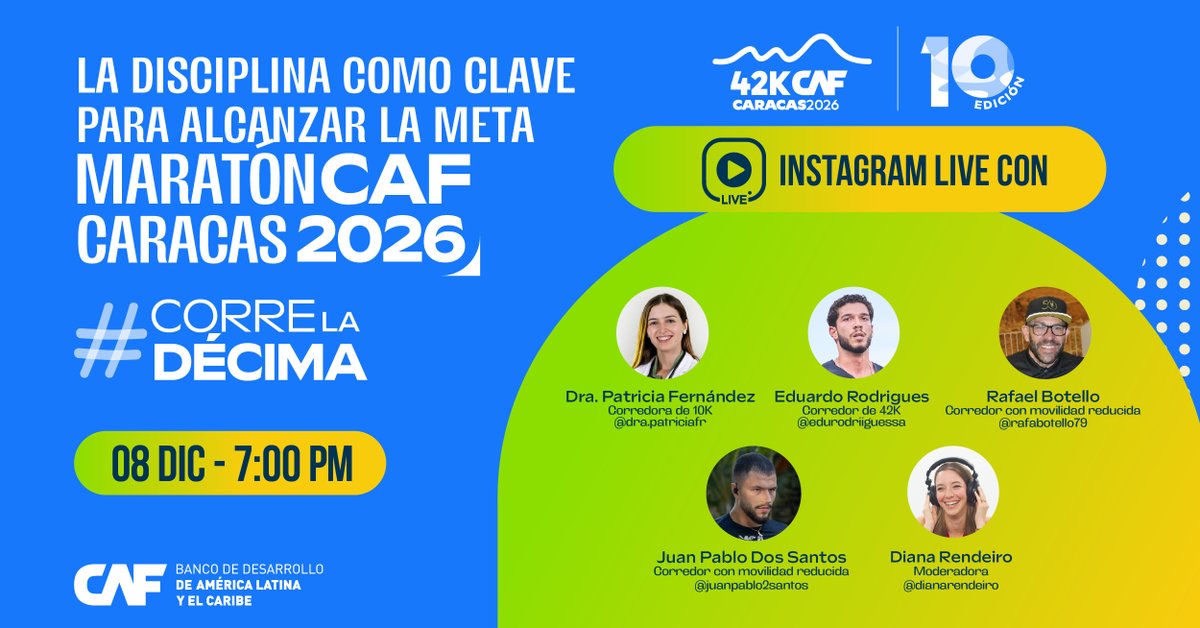 🗣️ ¡Corredores! Este 08 de diciembre a las 7:00 p. m. acompáñanos en el tercer Live Rumbo al #MaratónCAF 2026.

 ➡️ ¡Conoce las historias de superación de quienes han demostrado que la disciplina y la constancia son la clave para alcanzar la meta @juanpablo2santos