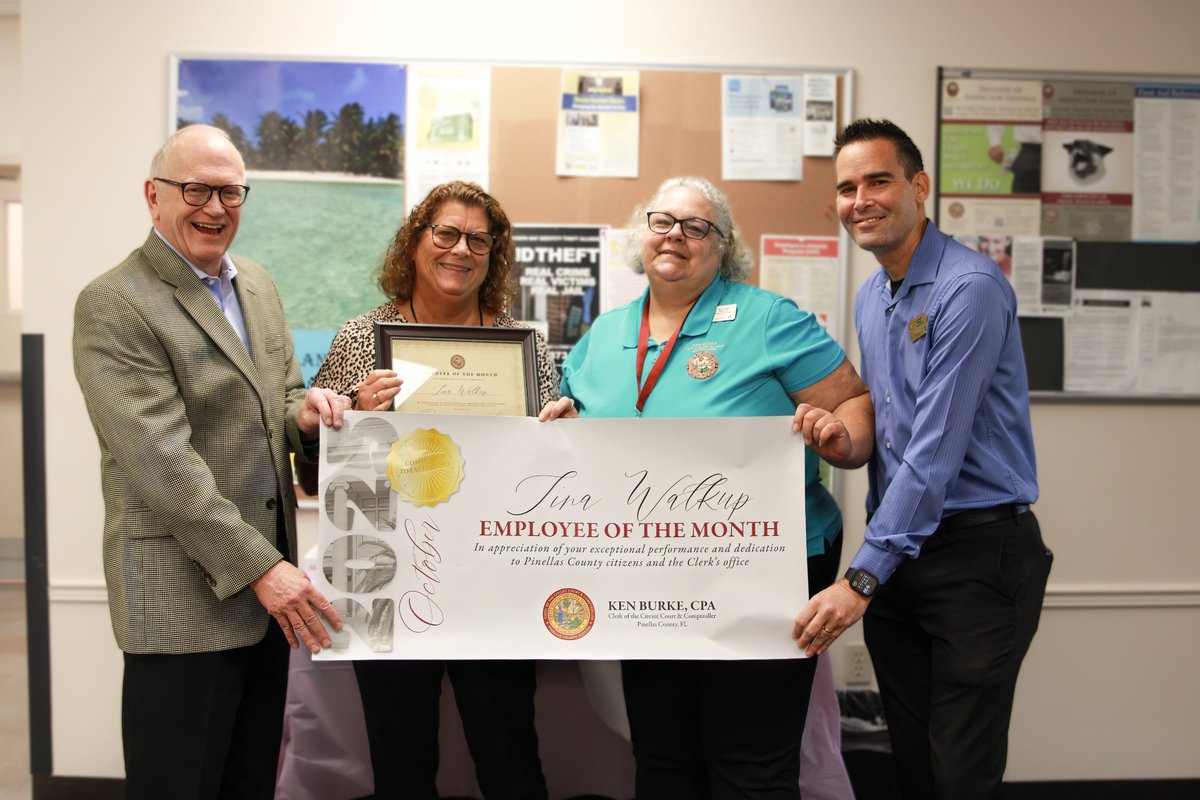 Clerk Burke honored Tina Walkup, the October Employee of the Month, alongside her Probate Court Records team today!  She was recognized for consistently exemplifying the Clerk's Great Eight Values.  Congratulations, Tina!  

#PinellasClerk #ServingYou