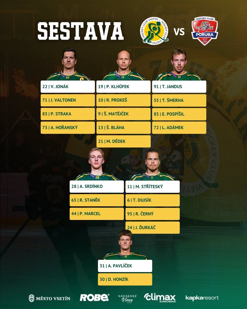 Takto vypadá sestava pro dnešní utkání s Porubou! 💪
🤕 Zranění: Ondřej Slováček a Michal Hryciow
