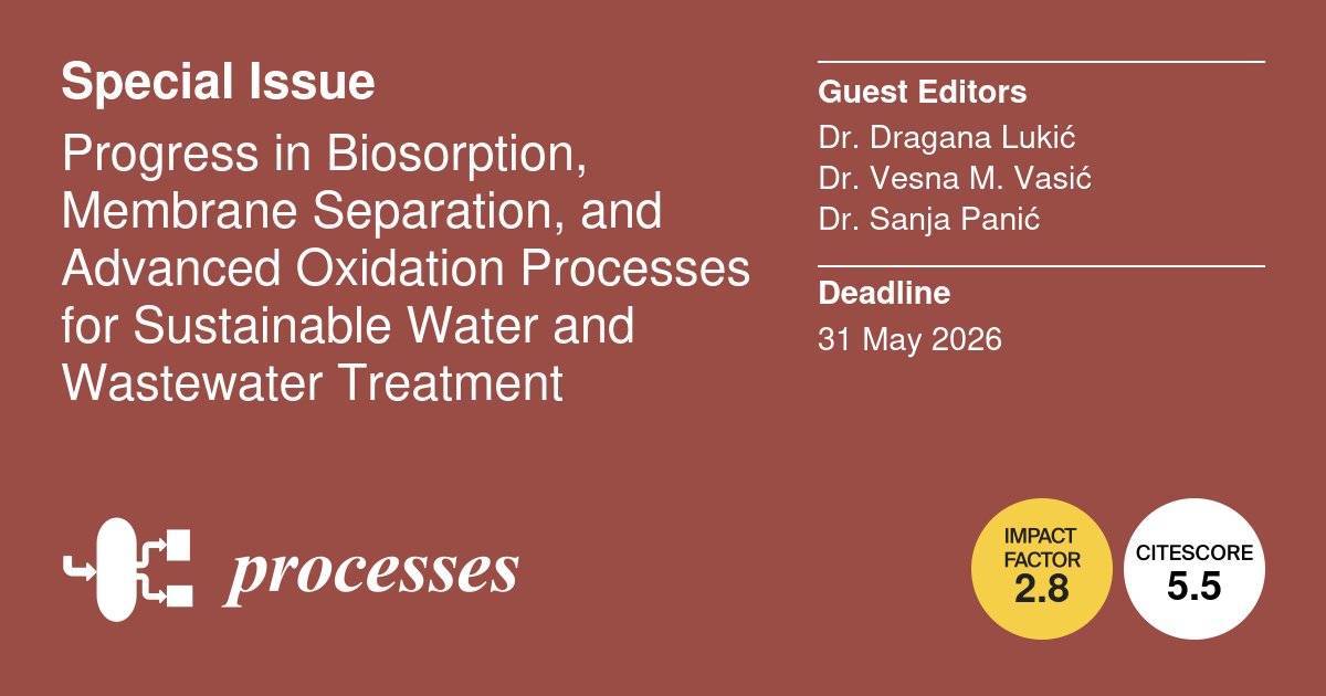 🌿 #SpecialIssue Alert! 
Progress in Biosorption, Membrane Separation, and Advanced Oxidation Processes for Sustainable Water and Wastewater Treatment, edited by Dr. Dragana Lukić, Dr. Vesna Vasić and Dr. Sanja Panic from <a href="/F_TechnologyNS/">Tehnološki fakultet Novi Sad</a>.
🔗 brnw.ch/21wY30y
#CallforPapers