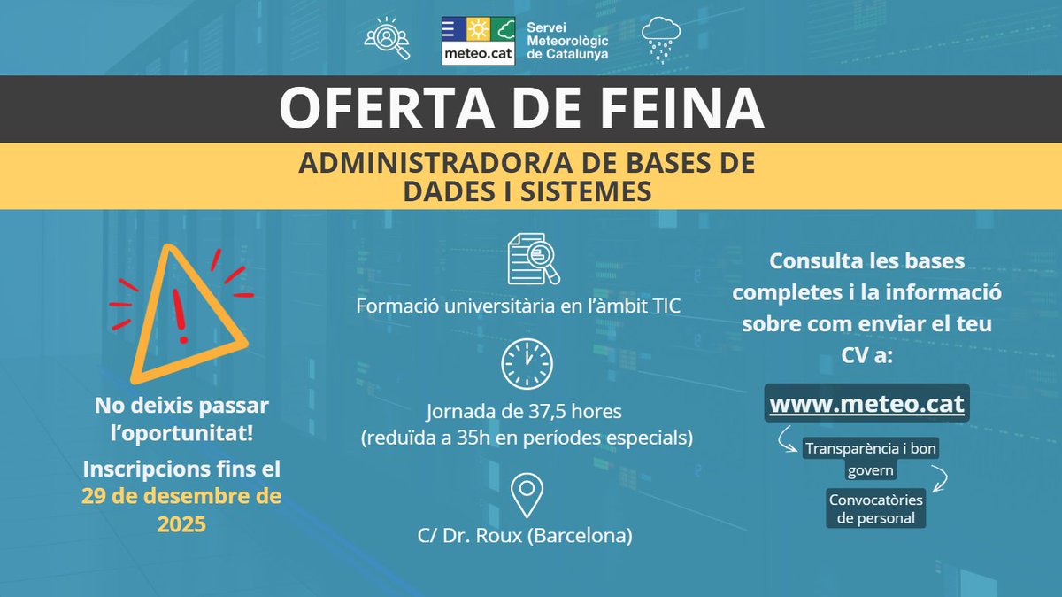 meteocat's tweet image. Estàs buscant #feina? 📢 Doncs el nostre equip de #TIC et necessita!🤩 A través d'un concurs d'oposició, volem incorporar una persona per administrar les bases de dades i sistemes.  

📍Contracte laboral indefinit fix
📃Tècnic/a superior A21
🔗 static-m.meteo.cat/wordpressweb/w… 👀