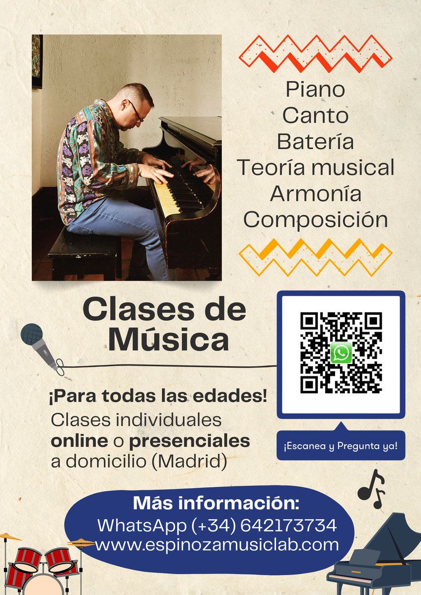 Clases online o presenciales (si vives en Madrid) de música: piano, batería y canto.

Nuevos cursos: 💫
- Canto acompañado por piano.
- Componer canciones desde el piano.