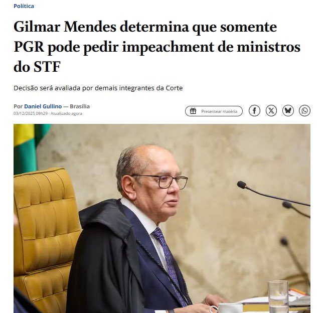 Fiz um POST sobre a decisão do <a href="/gilmarmendes/">Gilmar Mendes</a> , não espero nada desse sujeito asqueroso e corrupto mais essa decisão pensando bem e ótima, não ficaremos presos a pessoas como Pacheco e Alcumbre elque engavetaram perdidos de impeachment, agora basta trocar presidente e o PGR.