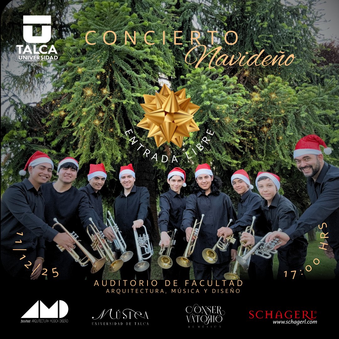 🎄🎺 Concierto Navideño Ensamble de Jóvenes Trompetistas del Maule - Conservatorio UTalca

📅 Jueves 11 de diciembre 2025
📍 Auditorio de Facultad Arquitectura, Música y Diseño Universidad de Talca (Av. Lircay s/n, Talca)
⏰ 17:00 h
✅ Actividad gratuita y liberada

#UTalca
