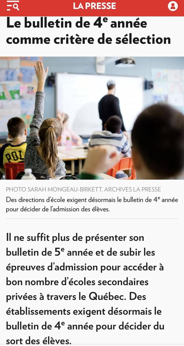 Article de <a href="/melmarquis/">Mélanie Marquis</a> à lire sur le #marchéscolaire.

Une directrice du privé subventionné déclare: 
« C’est sûr que c’est un #choix. C’est sûr qu’il y a un stress en lien avec les admissions. Mais malheureusement, c’est l’offre et la demande. »  😵

lapresse.ca/actualites/edu…