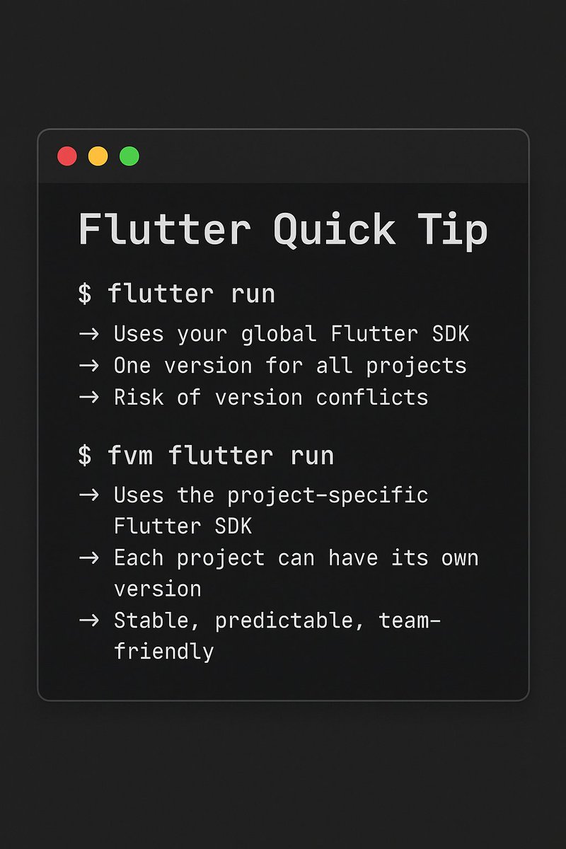 bhavyarbhatt's tweet image. POV: You just spent 3 hours debugging... 

only to realize it&apos;s a Flutter version conflict 💀

Solution: Use FVM

flutter run ❌ fvm flutter run ✅

Each project gets its own Flutter version. No conflicts. Ever.

You&apos;re welcome 😎
#FlutterDev