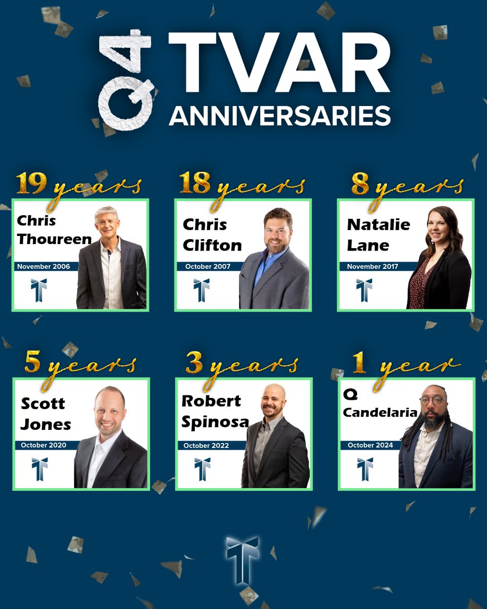 Cheers to our Q4 TVAR anniversaries! 🥳 

🎉 Chris Thoureen - 19 Years
🎉 Chris Clifton - 18 Years
🎉 Natalie Lane - 8 Years
🎉 Scott Jones - 5 Years
🎉 Robert Spinosa - 3 Years
🎉 Q Candelaria - 1 Year

Thank you for your dedication &amp; everything you bring to TVAR!
#ThisIsTVAR