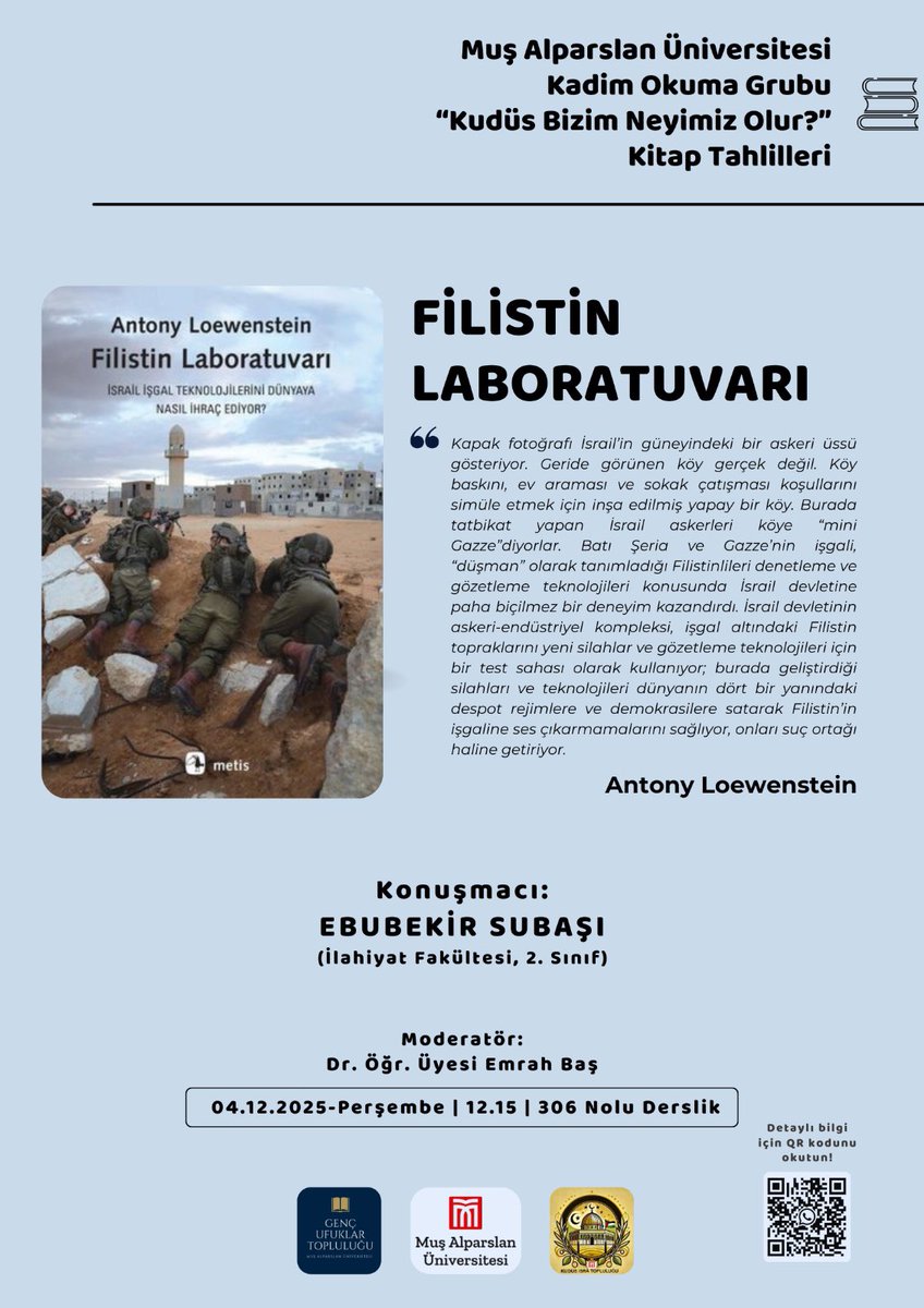 GencUfuklar's tweet photo. “Kudüs bizim neyimiz olur?” Başlıklı kitap tahlillerimizde bu hafta Ebubekir Subaşı arkadaşımız bize “Filistin Laboratuvarını” anlatacak. Bekleriz.. 🇵🇸🌱 https://t.co/bOFm7PwWk3