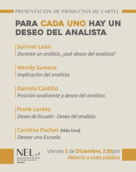 📌Nuestra colega: Carolina Puchet miembro de la NEL y de la AMP estará ahí en la <a href="/NelcfCaracas/">NEL Caracas</a> con su aporte.