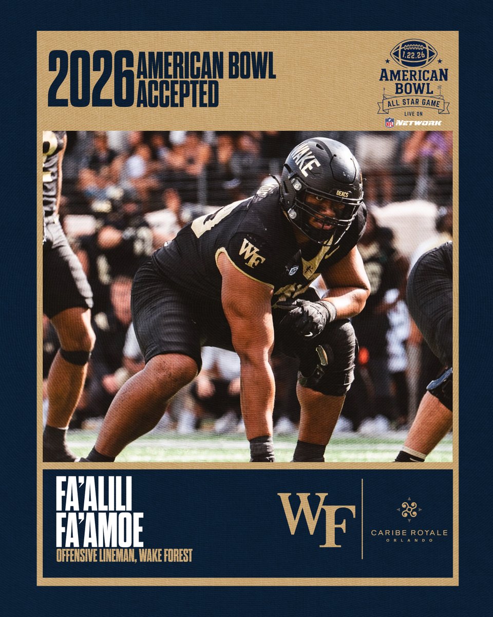 TheAmericanBowl's tweet image. WELCOME TO AMERICA’S COLLEGE FOOTBALL ALL-STAR GAME! 🇺🇸

Fa'alili Fa'amoe from @WakeFB has officially accepted his invitation to the 2026 American Bowl, where the nation’s top senior talent comes together to compete, represent their programs, and honor those who serve.

Next