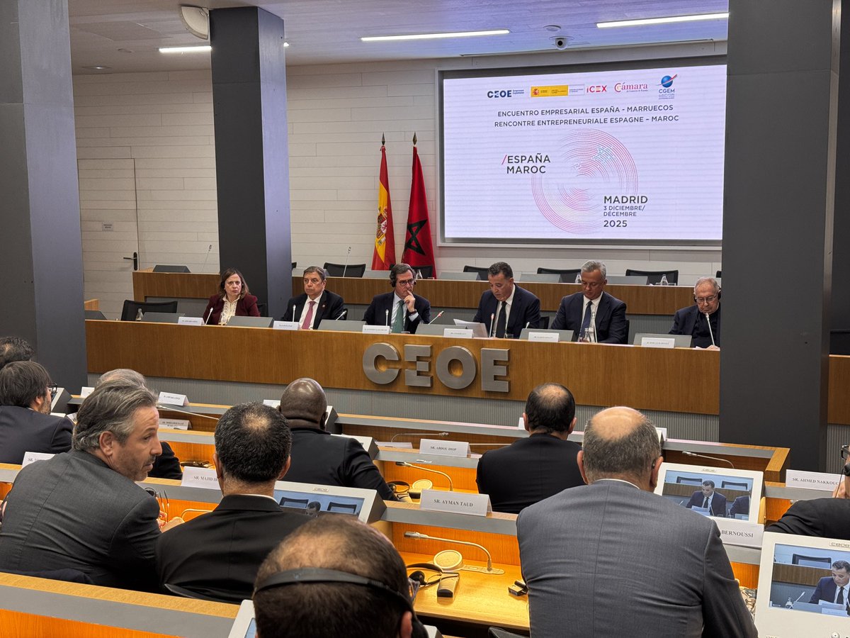 CGEM_MA's tweet photo. “Sous le leadership de Sa Majesté le Roi Mohammed VI, que Dieu L’Assiste, le Maroc 🇲🇦 a engagé une transformation profonde et remarquable, ce qui ouvre aujourd’hui des perspectives particulièrement attractives les investisseurs étrangers, notamment espagnols 🇪🇸” @AljChakib https://t.co/JMpn4CafmO