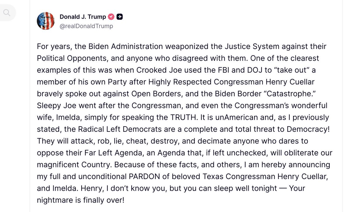 🚨BREAKING: Trump PARDONS ANOTHER CRIMINAL.

Henry Cuellar.
