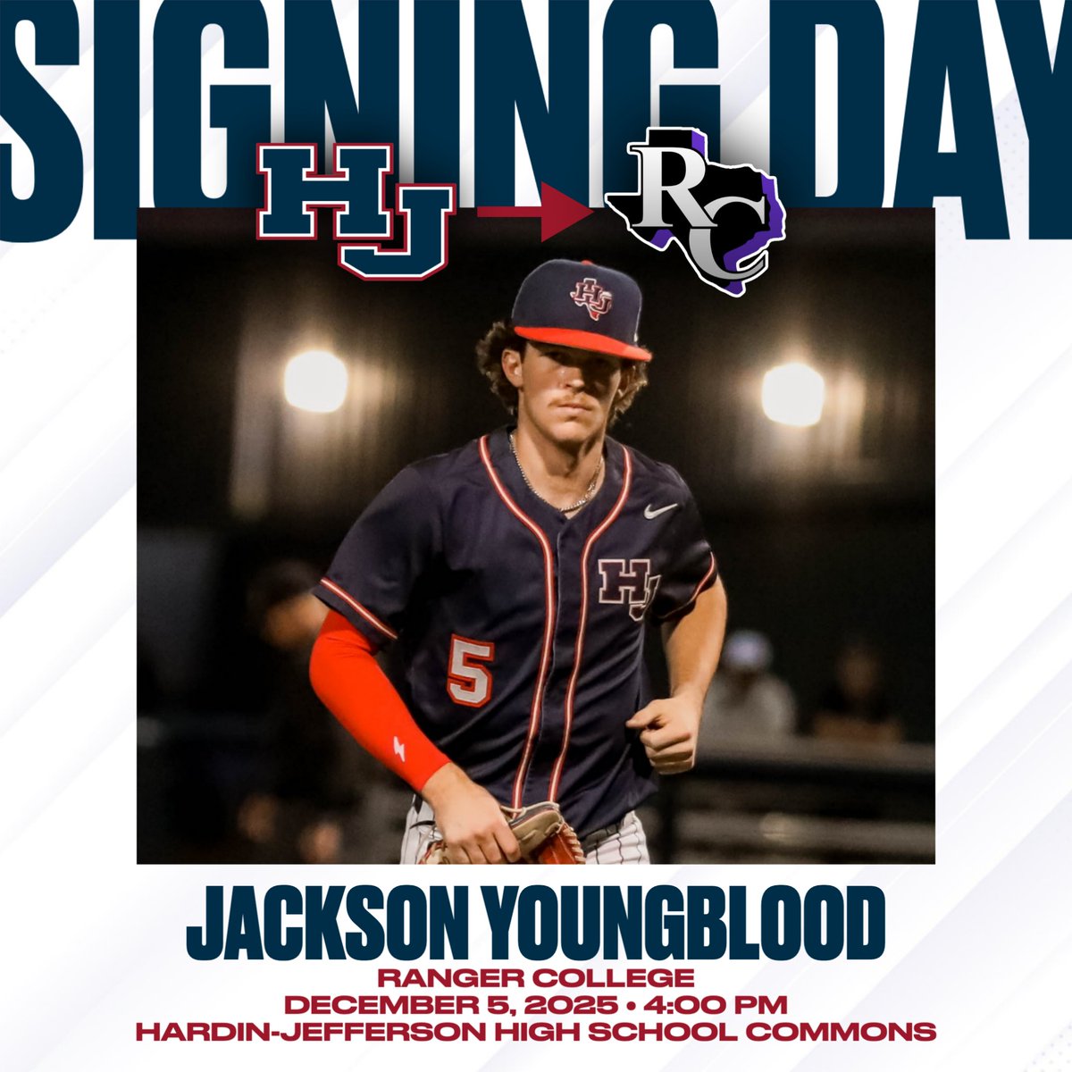 HJISD's tweet image. We hope you’ll join us on Friday, December 5, as we celebrate Signing Day in the HJ High School Commons!

Festivities begin at 4:00 PM. 

Baseball
• Jackson Youngblood – Ranger College
• Brody Fontenot – San Jacinto College
Softball
• Olivia Lawson – Nelson University
