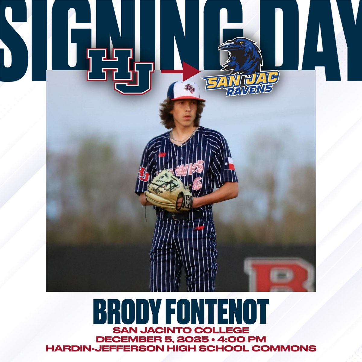 HJISD's tweet image. We hope you’ll join us on Friday, December 5, as we celebrate Signing Day in the HJ High School Commons!

Festivities begin at 4:00 PM. 

Baseball
• Jackson Youngblood – Ranger College
• Brody Fontenot – San Jacinto College
Softball
• Olivia Lawson – Nelson University
