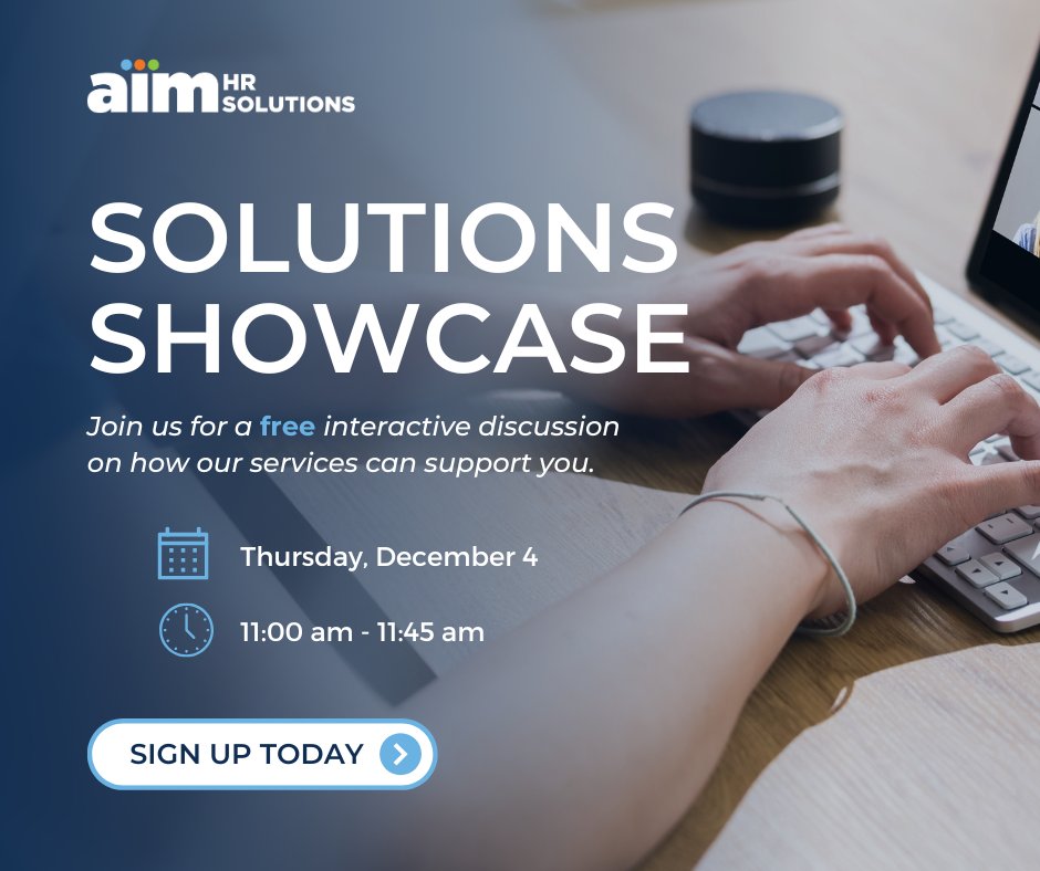 Overwhelmed by HR challenges?

Join our Solutions Showcase to discover how our tools and expertise can make HR easier. Reserve your spot for Dec 4 at 11 am: loom.ly/tJp-VUI

#HRmadeEasy #AIMSolutions #HRSupport #HRSuccess
