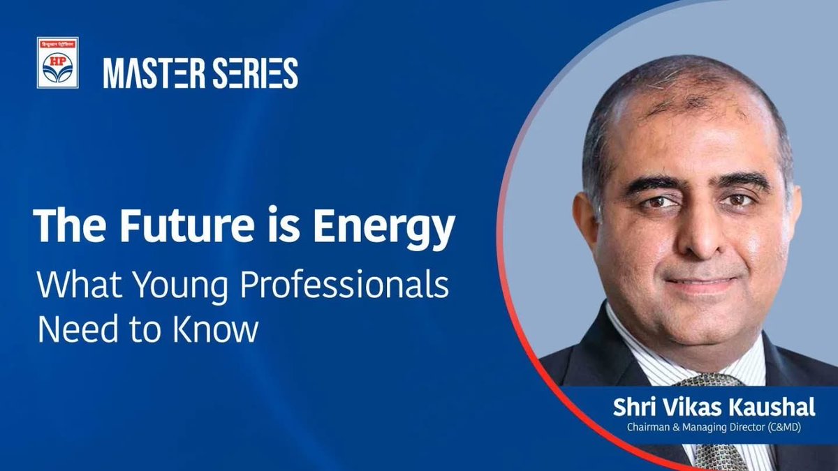 HPCL's tweet photo. To provide young talents a first-hand exposure to industry perspectives, evolving energy trends, and leadership reflections, a flagship initiative commenced today - HPCL Masterclass Series.

The inaugural session featured our C&MD, Shri Vikas Kaushal, who addressed over 2,500 students from leading institutions including IIMs, IITs, NITs and other institutes of national repute across India.

The series began with one of its kind Masterclass on “The Future is energy – What Young Professionals Need to Know”

With over three decades of industry experience, Shri. Vikas Kaushal laid out five powerful shifts shaping the future of global energy — from the rise of renewables and hydrogen to India’s growing role in global demand, and the critical role of technology and diversification. He also urged young professionals to remain curious and adaptable in a sector evolving fast. The future of energy is full of opportunity for those ready to evolve, adapt and lead. 

#HPCL #masterclass #IndustryAcademia