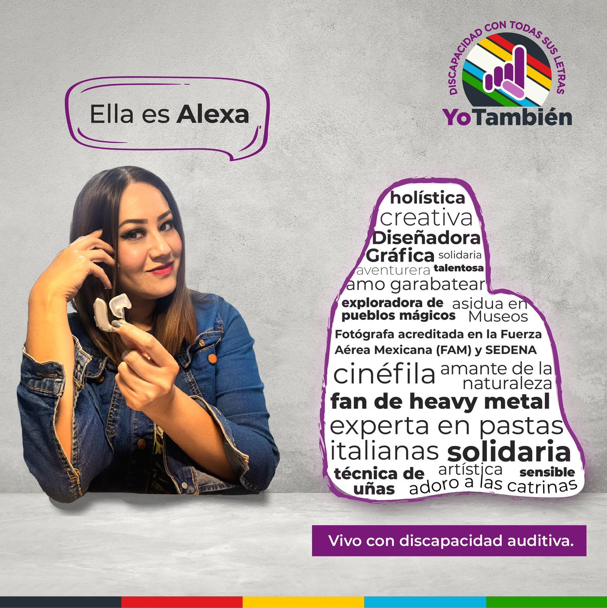 #EfemérideDiscapacidad | DÍA INTERNACIONAL DE LAS PERSONAS CON DISCAPACIDAD 

Te presentamos a Alexa Méndez, diseñadora gráfica e integrante de Yo También. Vive con hipoacusia bilateral profunda, y aunque su discapacidad es parte de su identidad, no la define como persona. 🦻🏻