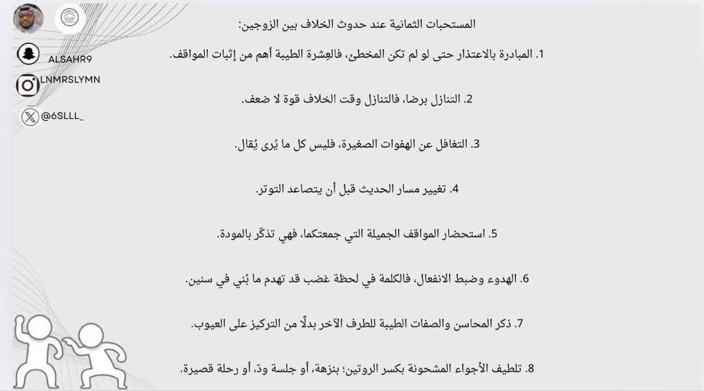 المستحبات الثمانية عند حدوث الخلاف بين الزوجين:

1. المبادرة بالاعتذار حتى لو لم تكن المخطئ، فالعِشرة الطيبة أهم من إثبات المواقف.

2. التنازل برضا، فالتنازل وقت الخلاف قوة لا ضعف.

3. التغافل عن الهفوات الصغيرة، فليس كل ما يُرى يُقال.

4. تغيير مسار الحديث قبل أن يتصاعد التوتر.