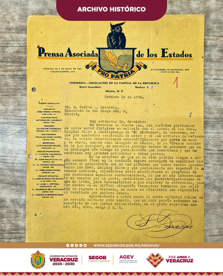 En nuestro acervo se conserva un interesante oficio de “Prensa Asociada de los Estados – Pro Patria”.

Un documento que refleja la actividad periodística, las relaciones laborales y las tensiones dentro del gremio en Veracruz durante la década de 1930. 📷📷