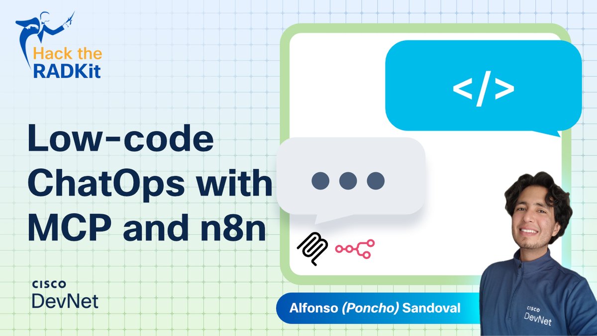 CiscoDevNet's tweet image. 🚀 Manage your RADKit network by chatting in Slack or Webex!

Check this tutorial on building a low-code ChatOps workflow with n8n for AI-powered network automation! 🤯
Say bye to CLI commands. Hello to conversational netops!💬
🎥 cs.co/900872yvu
#ChatOps #AI #DevNet #MCP