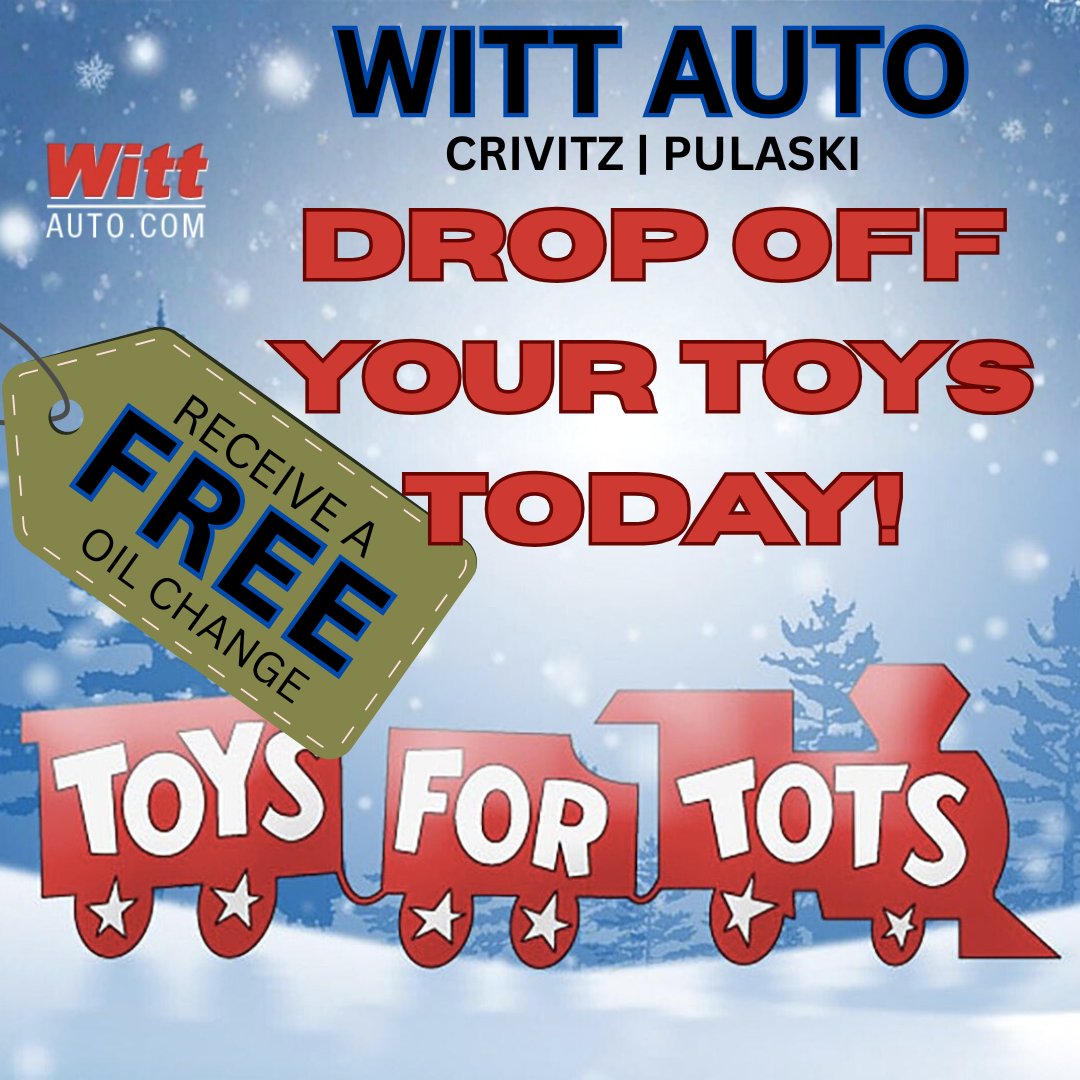 🎄Bring in an unwrapped toy and receive a FREE oil change!

Donate at Witt Auto in Crivitz or Pulaski by December 15 to support Toys for Tots this holiday season!

wittauto.com