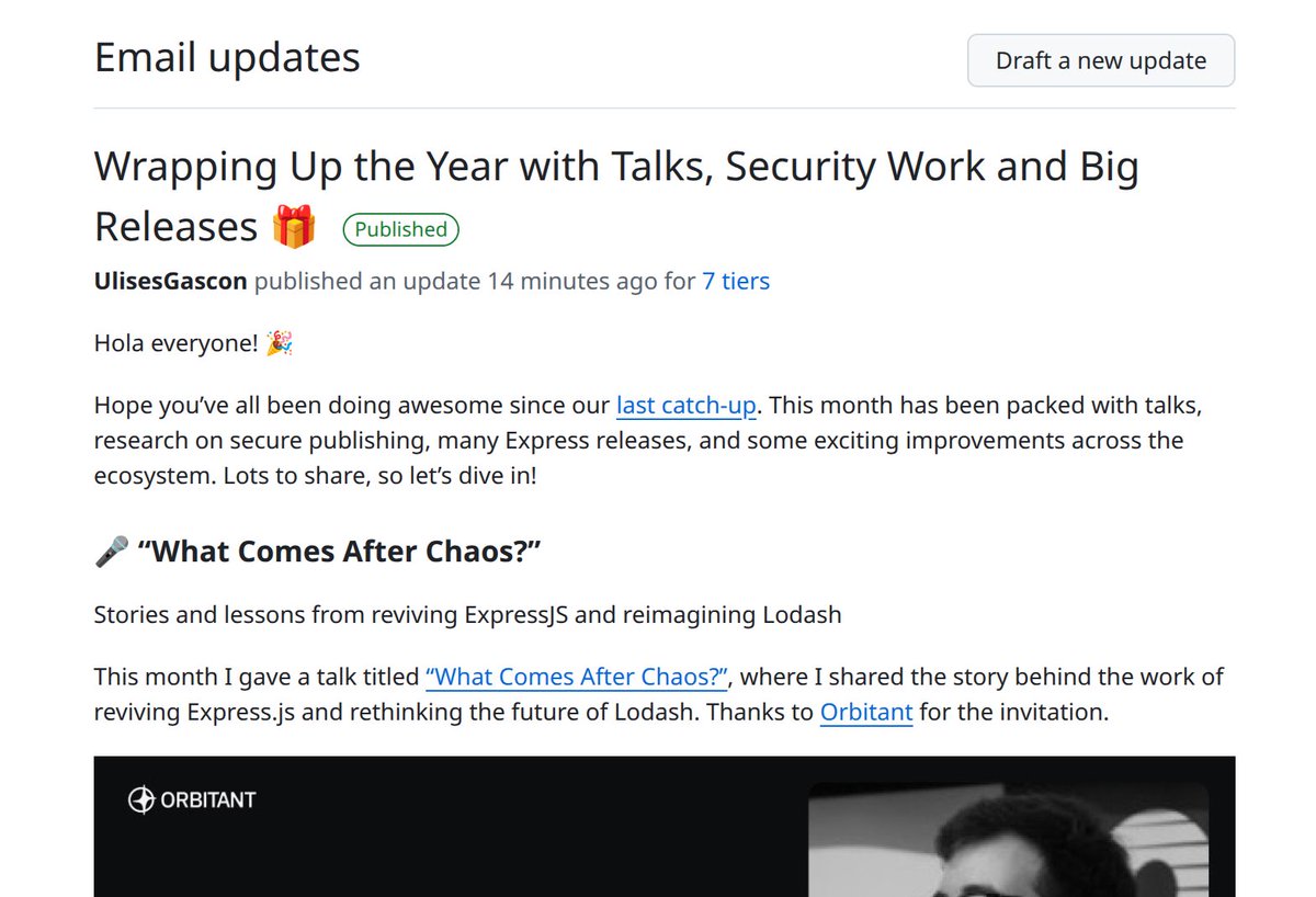 kom_256's tweet image. Just shipped a new newsletter to my GitHub Sponsors! 🎁

It covers my latest talk, secure publishing research, #Expressjs and #OSSF Scorecard updates, plus ecosystem news.

It will be public soon, but you can read it early and support my OSS work here: github.com/sponsors/Ulise…