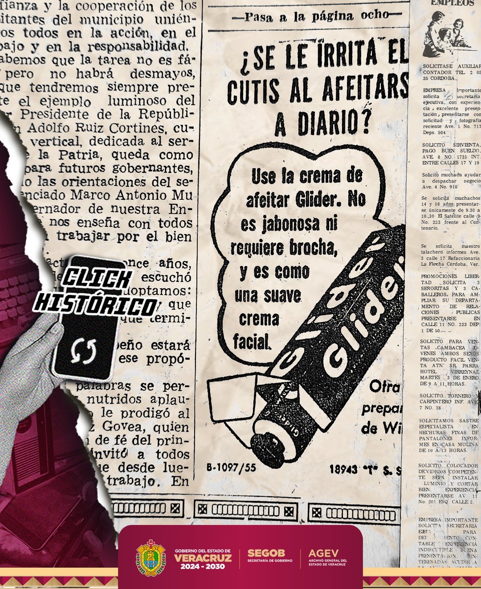 Entre los anuncios clásicos encontramos esta joya:
“¿Se le irrita el cutis al afeitarse a diario? Use la crema de afeitar Glider.”

 El Dictamen, 1 de diciembre de 1955. Hemeroteca AGEV.
#ClickHistórico #PublicidadAntigua