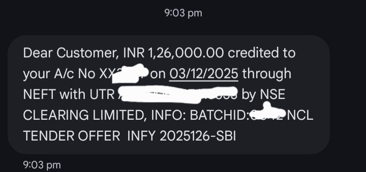 TheWiser7's tweet image. #infosysbuyback #Infosys
Received Infosys Buyback Amount in Bank account just now. 15G filed online no hard copy sent. No TDS deducted. 127 shares applied 70 accepted 57 shares back to demat account. #zerodha #BuyBack