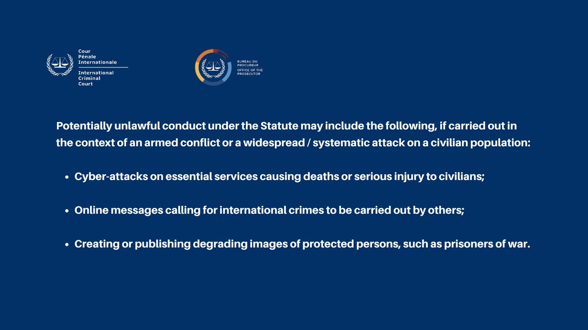 IntlCrimCourt's tweet image. The #ICC Office of the Prosecutor launched its Policy on Cyber-enabled Crimes under the #RomeStatute, on the margins of #ASP24. 

What are cyber-enabled crimes? What are examples of these crimes?

For more⤵️ 
icc-cpi.int/about/otp/ques…