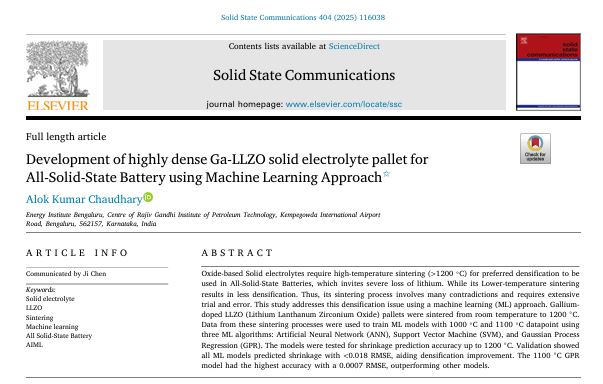 helloalokjee's tweet photo. Excited to share my new publication in Solid State Communications (Elsevier):

“Development of Highly Dense Solid Electrolyte Pellet Using a Machine Learning Approach”

DOI: https://t.co/wrqT3o7mFj

#BatteryResearch #SolidStateBatteries #LLZO #MachineLearning https://t.co/w1hozcGhzQ