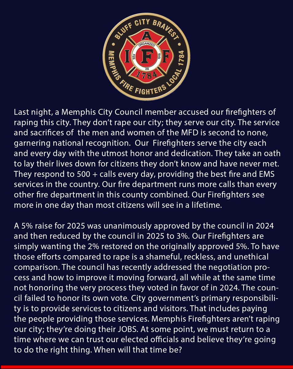 A statement from your #BluffCityBravest regarding an inflamatory statement made by one of our city council members
