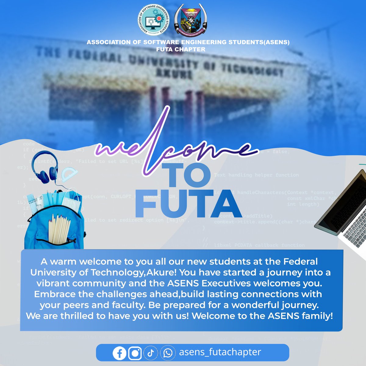 ASENS_FUTA's tweet photo. HAPPY RESUMPTION TO ALL FRESHERS!
We are happy to welcome all students back for the start of the first semester of 2025/2026 academic session !
We  hope you had a wonderful and  
Let us make this the most impactful year yet!
.

 #HappyResumption
 #NewSession
#FUTAResumes https://t.co/ixrMlC9Jyi