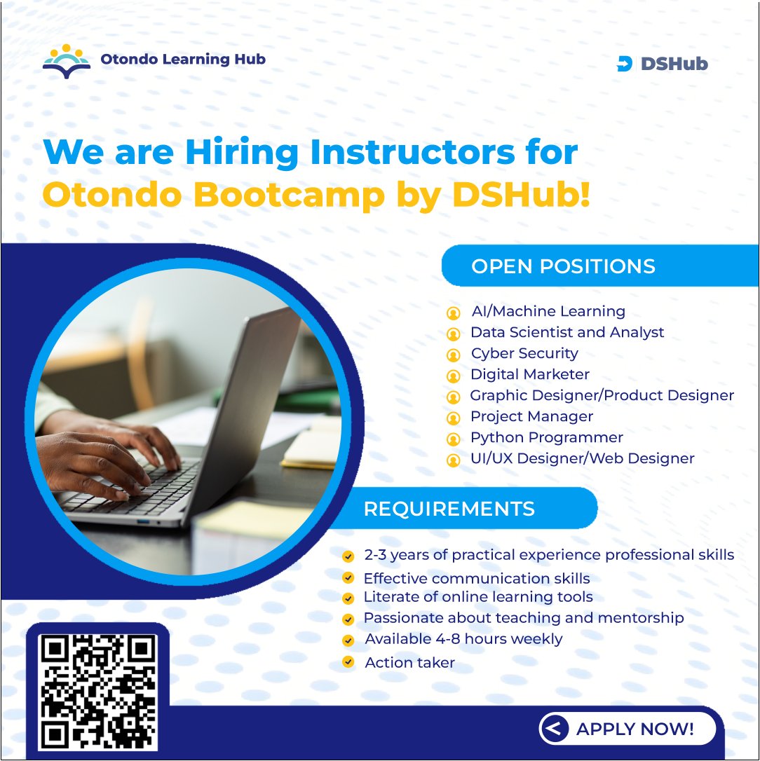 dsoft_lab's tweet image. Who we’re looking for:
- Professionals with real-world experience in their track.
- Educators who simplify complex concepts for beginners.
- Mentors ready to guide learners through hands-on exercises and practical projects.

#CareerReStart2026 #ProfessionalSecondChance