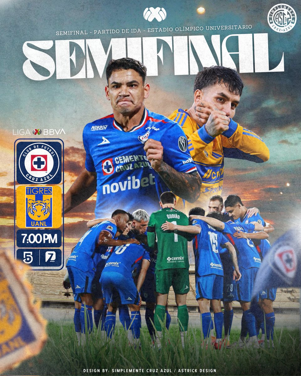Todo listo para un nuevo capítulo… y Cruz Azul va por el pase a la Final. 💙🔥 

🏆 Semifinal - Partido de Ida
🆚 <a href="/TigresOficial/">Club Tigres 🐯</a>
⏰ 7:00PM
🏟️ Estadio Olímpico Universitario 
📺 <a href="/MiCanal5/">El 5</a> | <a href="/AztecaSiete/">Azteca 7</a> 

#CruzAzul #TigresUANL
