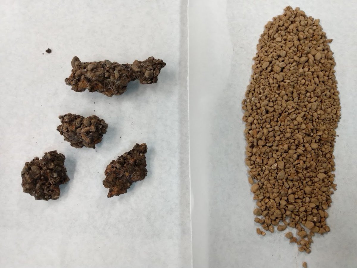 #phosphorus filtration by steel shavings/gravel. Media needs to stay moist with no wet-dry cycles or it may solidify (but still drains well). Picture on left are such clods, while material on right was in bottom-up structure with no drying, remaining unconsolidated for 3 years.