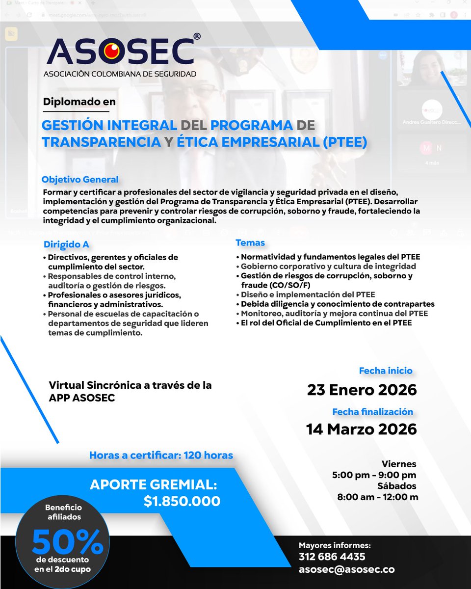 🌟 ¡Diplomado en Gestión Integral del PTEE!
Fortalece la transparencia, ética empresarial y prevención de riesgos con una formación completa y práctica.
🗓 Del 23 de enero al 14 de marzo de 2026
💻 Modalidad virtual
🎓 Dirigido a oficiales de cumplimiento
👉 WhatsApp 3183730590